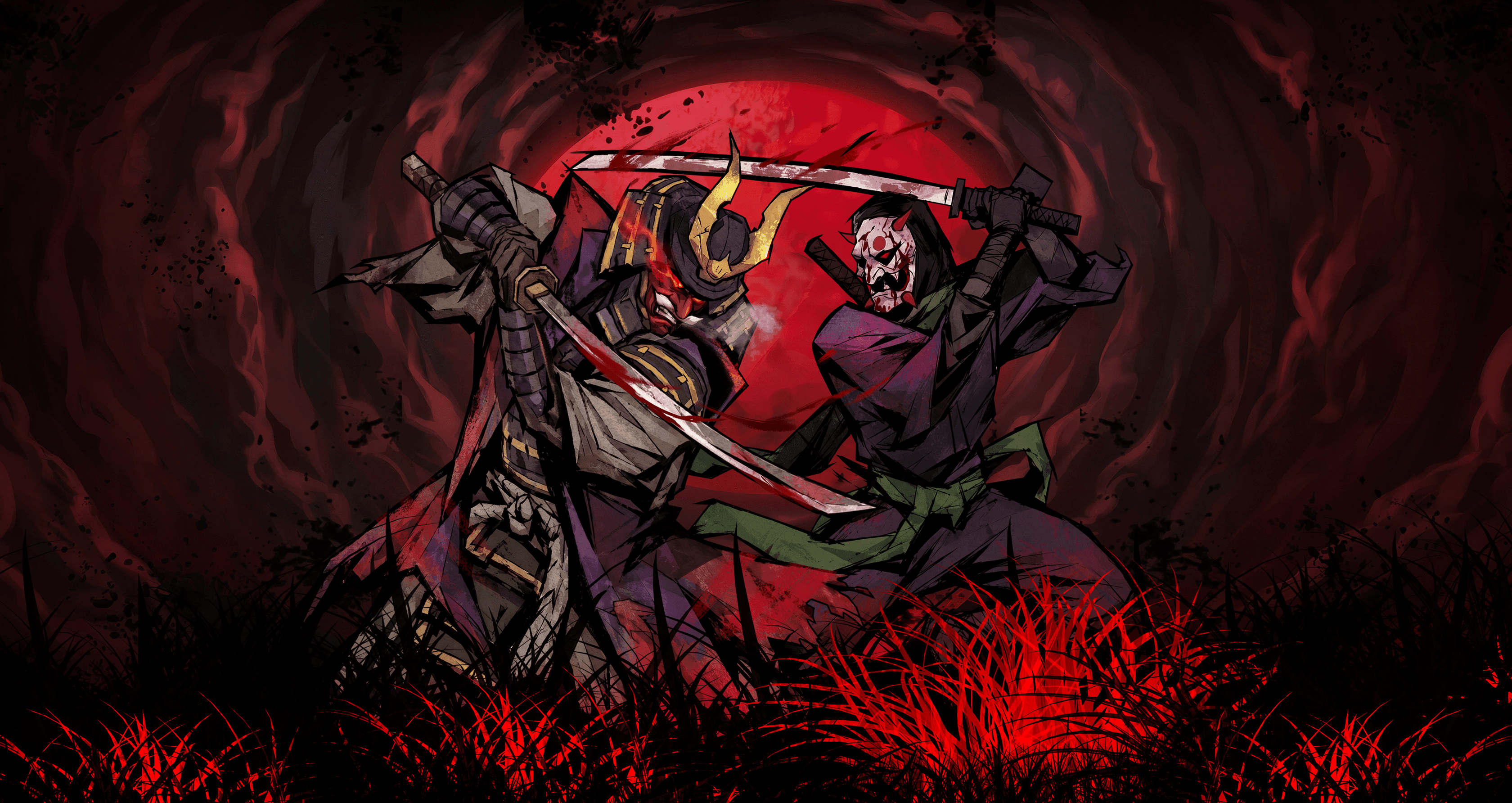 Two warriors facing each other in a red-lit battlefield